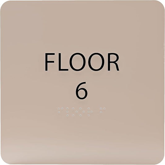 Khaki w/Black ADA Floor 6 Sign with Braille – Made from Durable Acrylic and Ready to Mount
