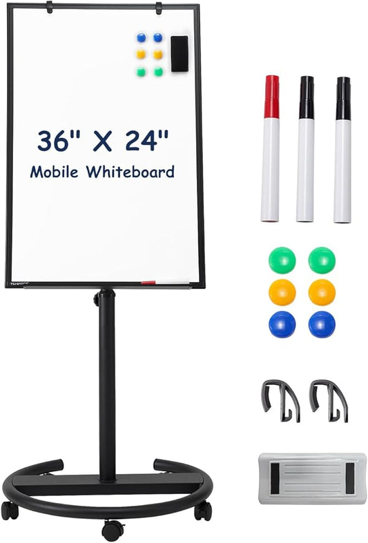 TSJ OFFICE Mobile Whiteboard Standing - 36 X 24 Inches Magnetic Rolling White Board, Height Adjustable Dry Erase Board on Wheels with Flip Chart Hooks, Black