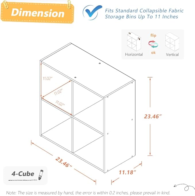NELYE 4 Cube Organizer Bookcase - Fabric Storage Bins Container, Open Shelf Simple Compartments Bookshelf, Oak
