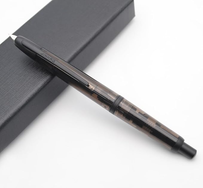 JINHAO 20 Press Fountain Pen, Retractable Capless Resin Pen with Ink Converter (EF Nib 0.4mm, Transparent Black - Black Clip)