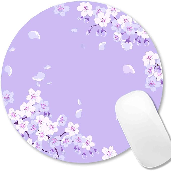 IMAYONDIA Cute Purple Mouse Pad Small, Floral Flower Round Mouse Pads, Sakura Cherry Blossom Mousepad, Aesthetic Desk Decor, Anti Slip Rubber Base Mice pad for Computer Office Girl, 7.9 x 7.9 Inch