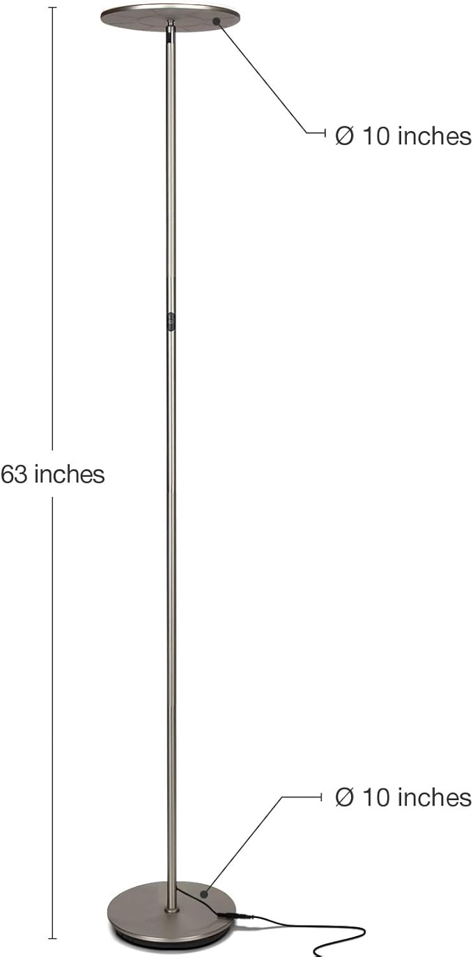 Brightech Sky LED Floor lamp, Torchiere Super Bright Floor Lamp for Living Room Decor & Office - Dimmable, Tall Standing Lamp with Warm Light for Bedroom & Reading - Brushed Nickel