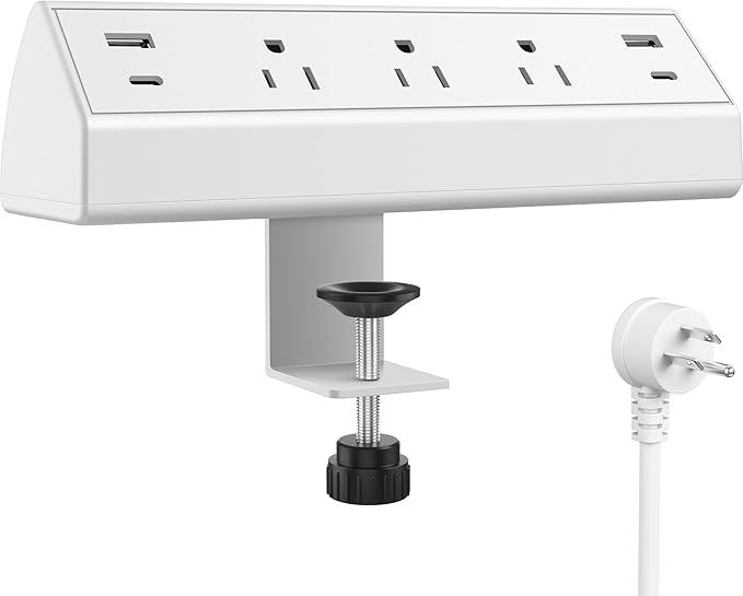 Desk Clamp Power Strip,40W Fast Charging Station,Desktop Mount Surge Protector,2 PD 20W USB C Ports,3 Outlets for Home,Office,Fit 1.9" Tabletop Edge (White, 3 Outlets & 4 USB Ports & 25 FT Cable)