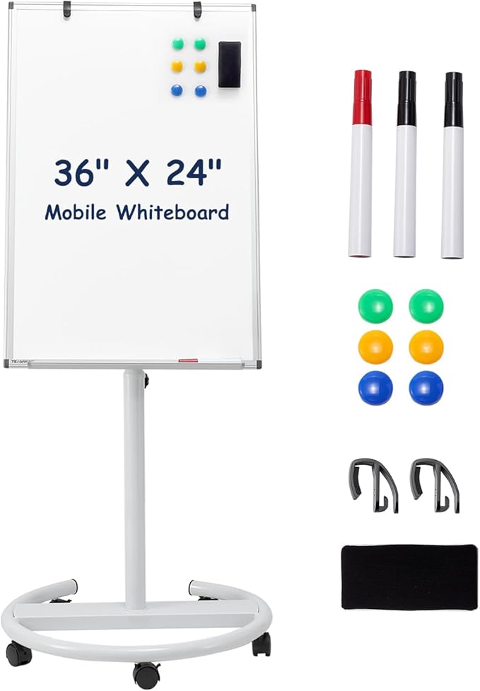 TSJ OFFICE Mobile Whiteboard Standing - 36 X 24 Inches Magnetic Dry Erase Easel, Height Adjustable Rolling White Board on Wheels with Flip Chart Hooks, White
