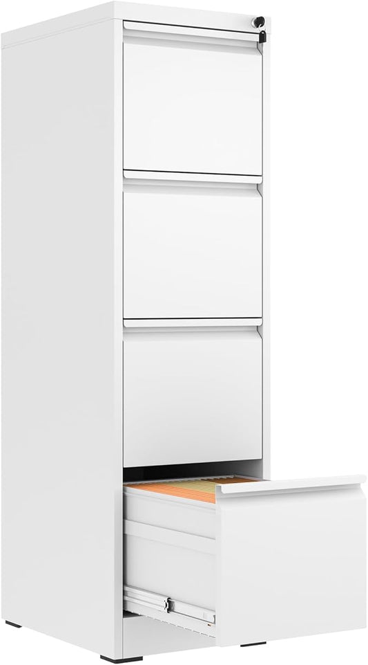 FLIXELIO 4 Drawer File Cabinet with Lock,Metal Vertical Filing Cabinets for Home Office,Heavy Duty File Storage Cabinet for Letter/Legal/A4/F4 Size File,Assembly Require (White, Vertical 4 Drawer)