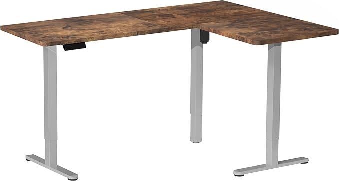 VIVO Electric Corner 63 x 55 inch L-Shaped Standing Desk, Memory Height Adjustment, Rustic Vintage Brown Top Gray Frame, DESK-E3CTGN