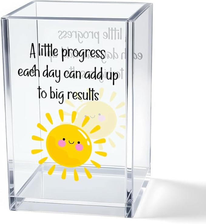 Vgrti A Little Progress Each Day Can Add Up To Big Results Acrylic Cosmetic Pencil Pen Holder Cup, Inspirational Sun Desk Organizer for Classroom Office, Motivational Gifts for Women Girl Therapist