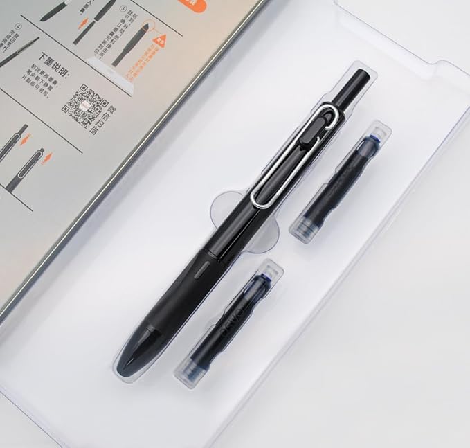 xixixiaozhu OASO K018 Sealed Retractable Fountain Pen Set 0.5mm with 2pcs Blue Ink Cartridges Smooth Writing for School Students (Black)