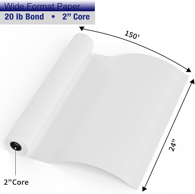 FungLam Wide Format Paper, 24 in x 150 ft Plotter Paper, 4 Rolls CAD Bond Rolls with 2 in Core, 20 LB Bond Papers Rolls, Idea for CAD Drawings, Engineering Plans, GIS Maps & Architectural Designs