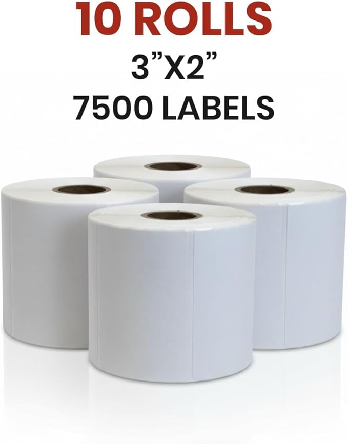 3" x 2" Direct Thermal Labels Roll, 10 Rolls (7,500 Labels), Compatible with Zebra,Rollo, MUNBYN, POLONO, IDPRT Printer,Strong Adhesive Perforated Label Rolls for Packages,Barcodes & Office Use