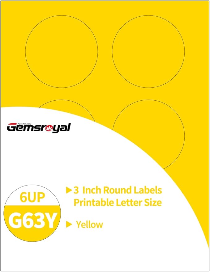 Gemsroyal 3 Inch Yellow Round Labels Printable,3" Matte Yellow Color Coding Labels for Laser/Inkjet Printers,3 Colorful Circle Stickers,180 Circle Labels in Total,Letter Size