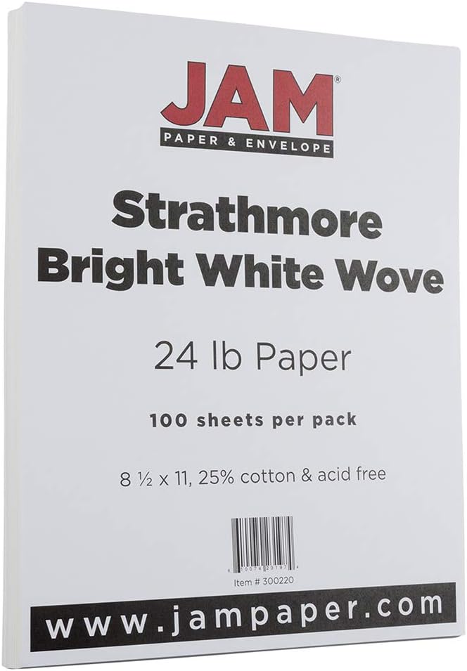 JAM PAPER Strathmore 24lb Paper - 90 gsm - 8.5 x 11 - Bright White Wove - 100 Sheets/pack