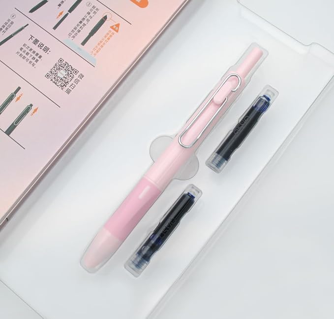 xixixiaozhu OASO K018 Sealed Retractable Fountain Pen Set 0.5mm with 2pcs Blue Ink Cartridges Smooth Writing for School Students (Light Pink)