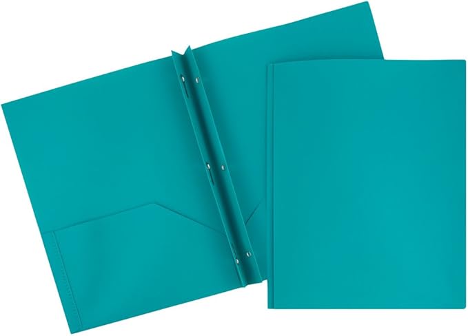 JAM PAPER Plastic Color POP Folders - 2 Pocket Durable Folders with Metal Prongs Fastener Clasps - Teal Blue - Bulk 96/Pack