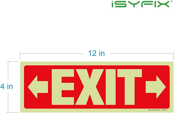 iSYFIX Exit Stickers Signs with Directional Right & Left Arrow 12 Pack 12x4 Inch - Glow in the Dark Photoluminescent Vinyl for Office, School, Business, Warehouse - UV & Weather Resistant for Indoor/Outdoor Use