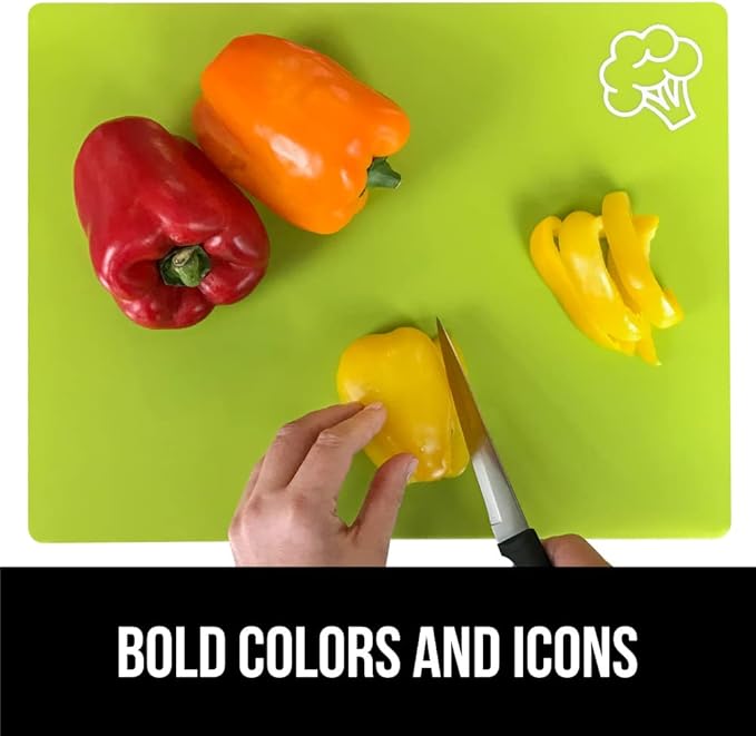GORILLA GRIP 100% BPA-Free Flexible Cutting Board Set of 5, Durable Plastic Mats with Food Icons for Meal Prepping, Large and Mini Kitchen Chopping Mat, Use for Meat Fish Vegetables Fruit, Multicolor