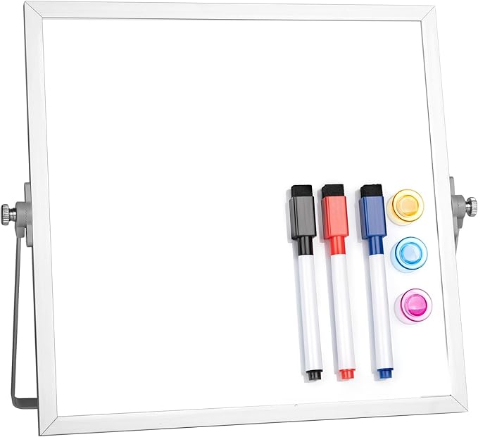 Lumspax Small Desktop White Board with Stand, 10" x 10" Double-Sided Silver Aluminium Frame Whiteboard for Kids, Mini Dry Erase Board for Home, Office, School