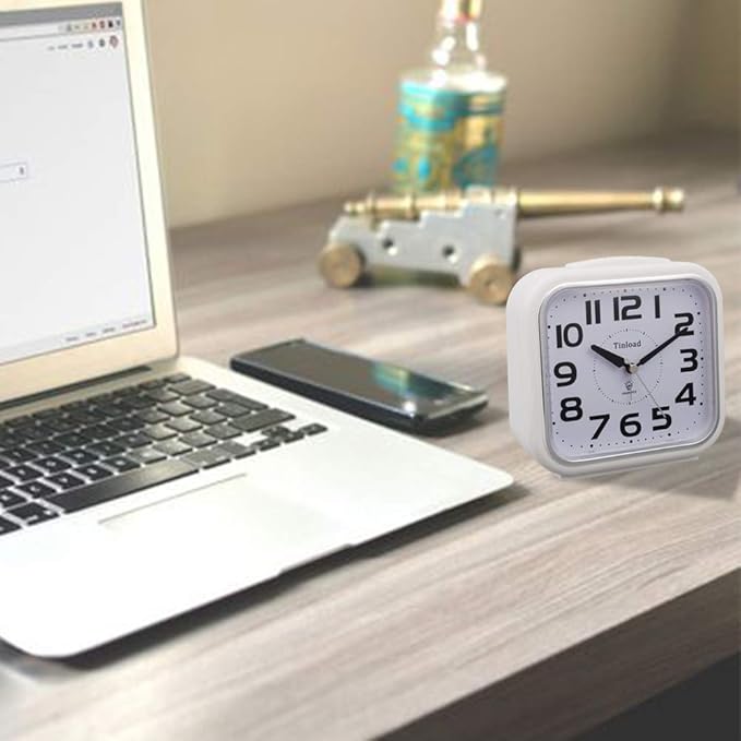 Tinload 5.5" Large Analog Alarm Clock Silent Non Ticking, Gentle Wake, Beep Sounds, Increasing Volume, Battery Operated Snooze and Manual Light, Easy Set,White (Best for Elder)