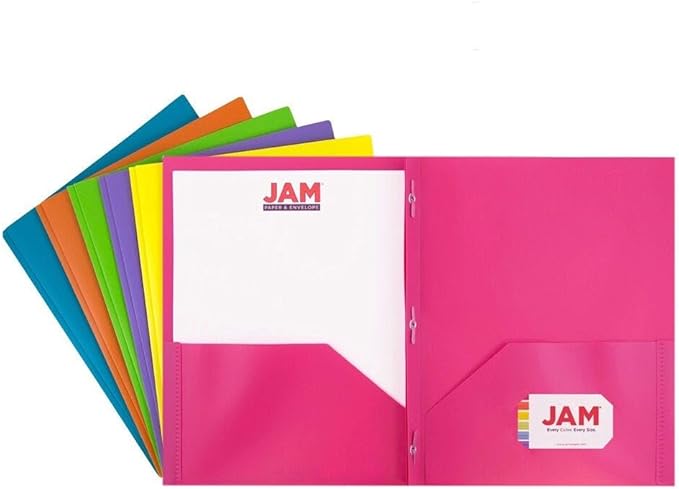 JAM PAPER Plastic 2 Pocket POP Folders - Durable School Folders with Metal Prongs Fastener Clasps - Assorted Fashion Colors - Bulk 48 Folders/Box (8 Assorted Packs of 6)