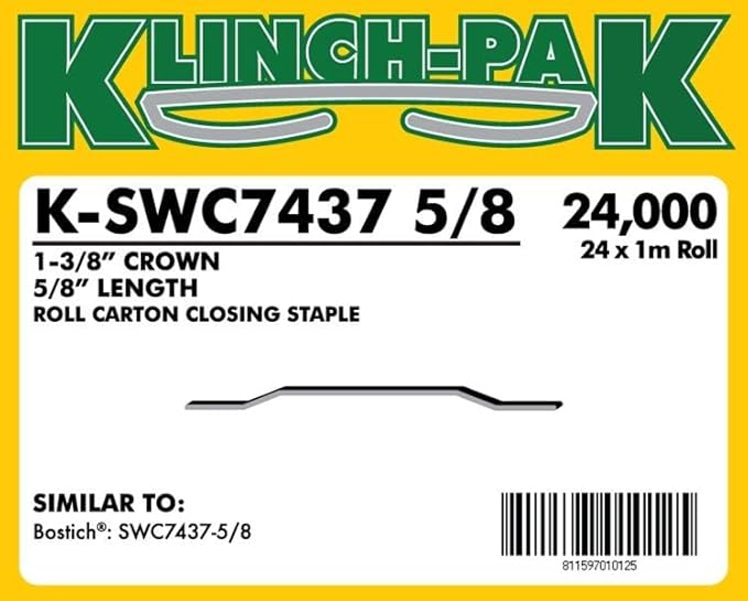 Klinch-Pak K-SWC7437-5/8, 5/8" Leg by 1-3/8" Roll Staples, 24,000 per Package, SWC7437 1M Series Staples, Ideal for Folding Boxes, Complete Overlap, Copper Color