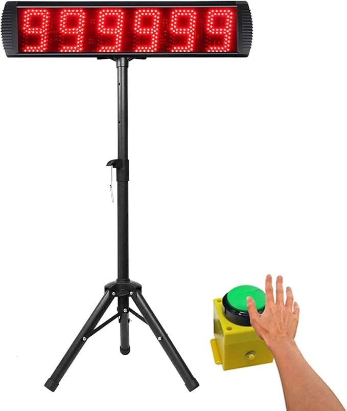 5 Inch 6-Digit LED Race Timer, Running Event Gym Timer for Countdown/Count Up, 12/24 Hour Real Time, Stopwatch with Remote Control, Portable Large Wall Clock（Button+Tripod）