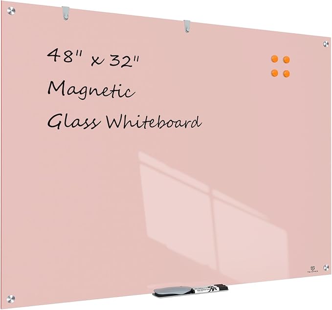 TSJ OFFICE Glass Dry-Erase Board - 48 x 32 Inches Wall Mounted Glass Whiteboard, Large Frameless Magnetic White Board for Office, Home & School, Pink