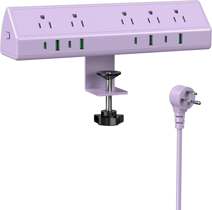 Jgstkcity Desk Clamp Power Strip,45W Fast Charging Station,4 USB-C,4 USB-A,1200J Surge Protector,ETL Listed,1875W Extension Cord,Multiple Outlets for Home, Office (Purple, 10 FT Cable)