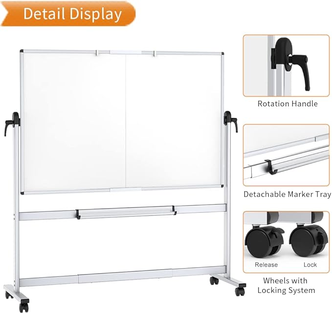 VIZ-PRO Double-Sided Mobile Whiteboard, 72 x 48 Inches, Magnetic Rolling Dry Erase White Board on Wheels with Aluminium Frame and Stand 6' x 4'