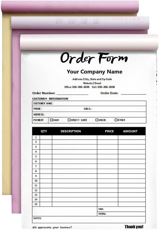 Custom Carbonless Sales Invoice Form Books for Small Business, Personalized NCR 3-Part Receipt Book with Carbon Copies, Cover Add Company Name, Address and Number Printed