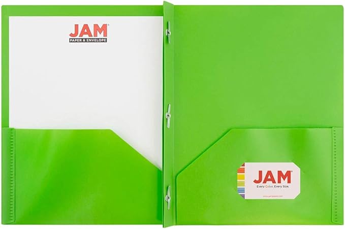 JAM PAPER Plastic Color POP Folders - 2 Pocket Durable Folders with Metal Prongs Fastener Clasps - Lime Green - 6/Pack