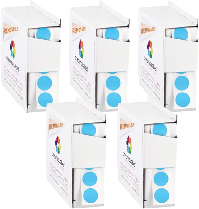 ChromaLabel 1/2 Inch Circle Sticker Labels, High Visibility Round Colored Stickers, Removable Sticky Dots - 1000 Color Coding Stickers per Dispenser Box, 1000 Light Blue Dots - Case of 5