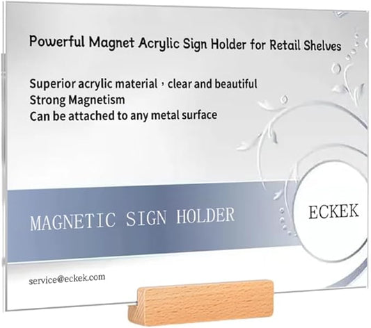ECKEK Magnetic Sign Holder Grip Holder, Powerful Magnet, Acrylic Sign Holder for Retail Shelves Display Store Vendor Event Warehouse and Shop Supplies (Wood Base 297*210mm/11.69*8.27inches)