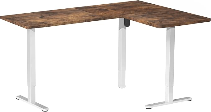 VIVO Electric Corner 63 x 55 inch L-Shaped Standing Desk, Memory Height Adjustment, Rustic Vintage Brown Top White Frame, DESK-E3CTWN