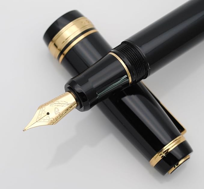 xixixiaozhu Metal Big Fountain Pen, Medium Nib 0.7mm, Includes Ink Converter & 5 Cartridges, Glossy Piano Painted Finish (Black)