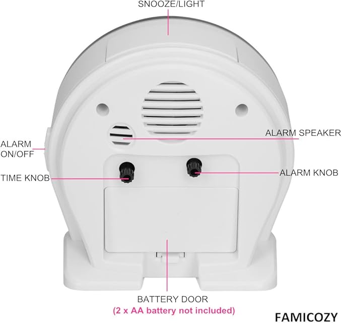 FAMICOZY 4.5" No Ticking Analog Alarm Clock,Silent Readable for Seniors,Easy to Set,Gradual Rise Alarm,Big Numbers,On/Off Switch on Side,Gentle Wake,Snooze Soft Backlight,Battery Operated,White