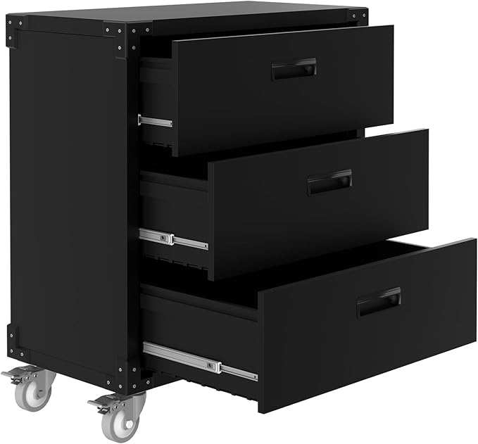 ExploreHorizon Metal Storage Cabinet with 3 Drawers on Wheels, Heavy Duty Mobile Rolling Tool Cart & Tool Chest, Lockable Utility Cabinet for Garage, Workshop, Home, Office, Warehouse, Black