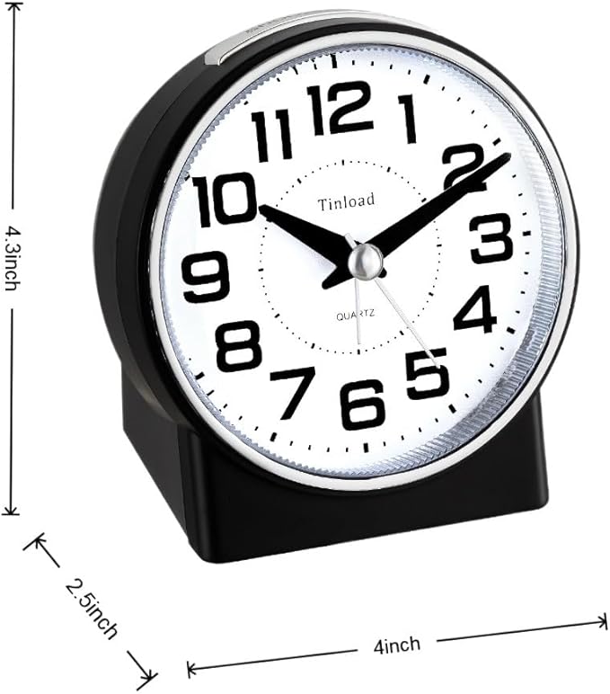 Tinload 4.3" No Ticking Analog Alarm Clock,Silent Readable for Seniors,Easy to Set,Gradual Rise Alarm,Big Numbers,On/Off Switch on Side,Gentle Wake,Snooze,Lighted on Demand,Battery Operated,Black
