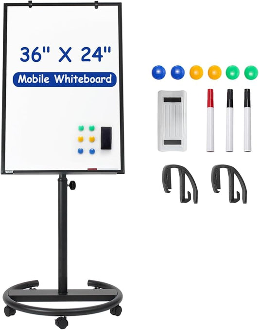 Mobile Whiteboard, 36” x 24” Magnetic Portable White Board on Wheels, Height Adjustable Standing Dry Erase Board with Stand, Easel Style Rolling Whiteboard for Classroom, Office, Teacher, Home