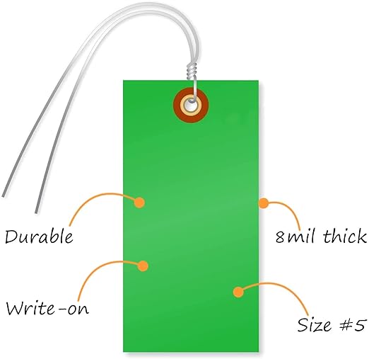 SmartSign (Pack of 100) 4.75 x 2.375 inch Blank Tyvek Shipping Tags with Pre-Attached Wires (Size - 5), 8 mil Plastic, Green, Made in USA