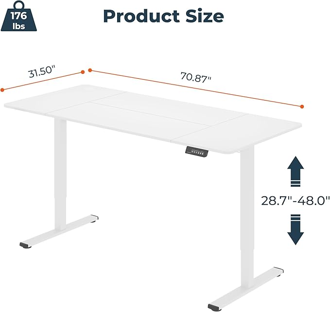 FitStand Standing Desk, Large 71x31 Inches Height Adjustable Stand Up Desk with Cable Management, Home Office Computer Desk with Memory Preset with Charging USB Port & Sedentary Reminder