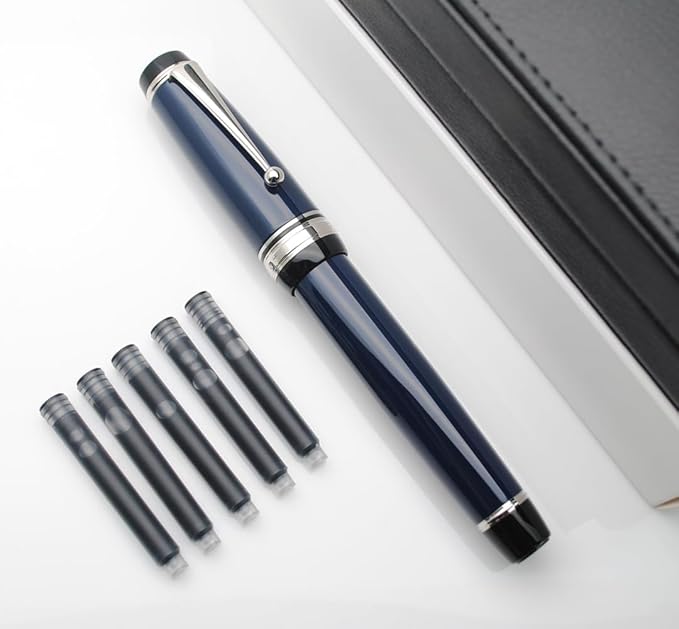 xixixiaozhu Metal Big Fountain Pen Set Medium Nib 0.7mm, Includes Ink Refill Converter, 5 Ink Cartridges & Gift Box (Medium Nib 0.7mm, Dark Blue with Silvery Clip)