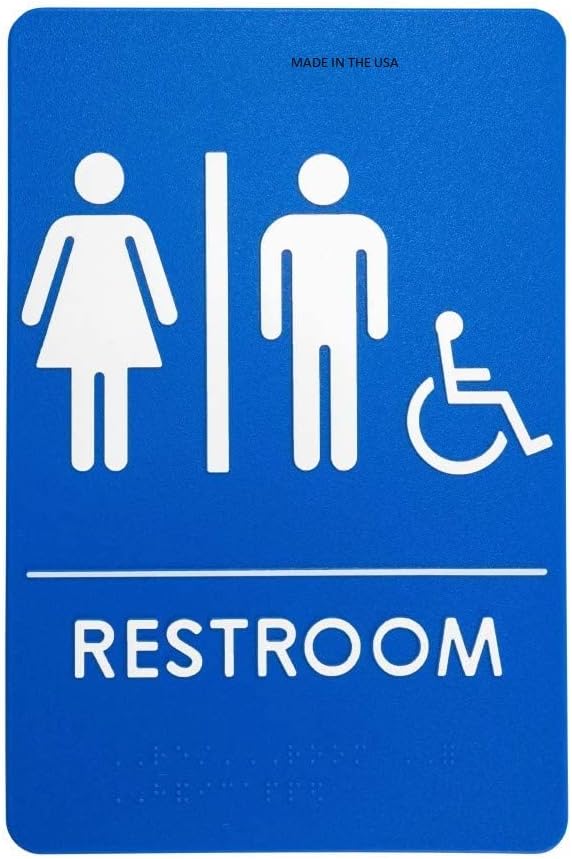 USA Made - Men's and Women's Restroom Signs ADA-Compliant Bathroom Door Signs for Offices, Businesses, and Restaurants, Black, Blue, Grey and Taupe/Tan Colors (Blue Handi-Unisex)