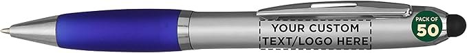 DISCOUNT PROMOS Custom Stylus Ballpoint Pens Set of 50, Personalized Bulk Pack - Black Ink, Great for Office, School, Business, Tradeshows, Events - Blue