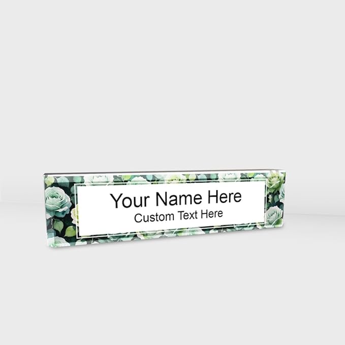 Signs ByLITA Floral Pattern Customized Nameplate | Sage Rose Personalized Full Color Acrylic Desk Sign
