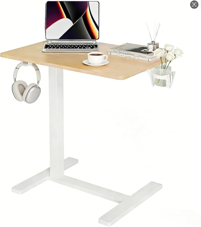 YDN Mobile Mobile Standing Desk, Adjustable Height Portable Laptop Desk with Lockable Wheels, 25.5" x 18.8" Rolling Desk with Hook for Computer Workstation, Natural