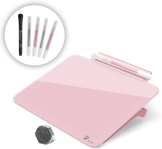 Pink Mini Desktop Pure Glass Whiteboard, Small Slope Slick Desk Whiteboard Glass, Desk White Board, Desktop White Board Dry Erase, Stenography Artifact for Office Home Schooling Décor, 8x6 Inches
