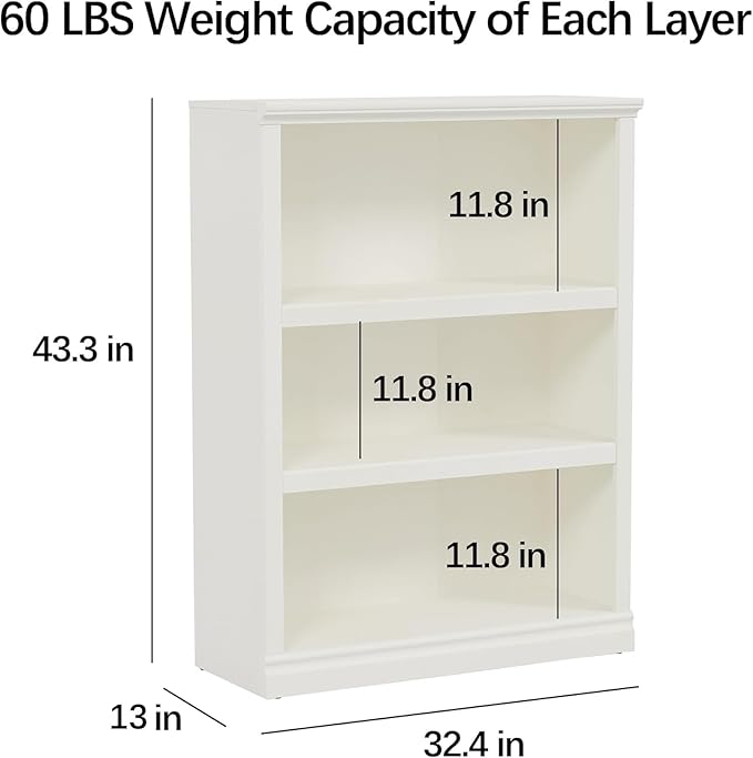 Bevfint 43 in Tall Bookcase, 3-Tier Bookshelf Open Storage, 33 inch Wide Floor Standing Indoor Furniture, Book Cases for Home School Library Office Bedroom Kids, White 3 Tiers