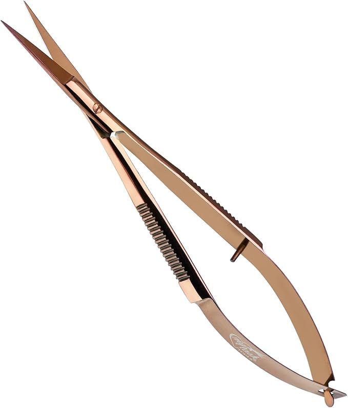 Cross Edge Spring Scissors 5 Inch straight Stainless Steel Precision Eyebrow & Eyelash Shaping & Trimming Scissor, Snips Squeeze, Embroidery, Knitting Micro Tip Craft Scissors (Rose Gold)