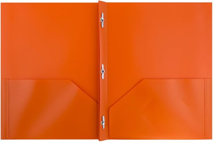JAM PAPER Plastic Color POP Folders - 2 Pocket Durable Folders with Metal Prongs Fastener Clasps - Orange - Bulk 96/Pack