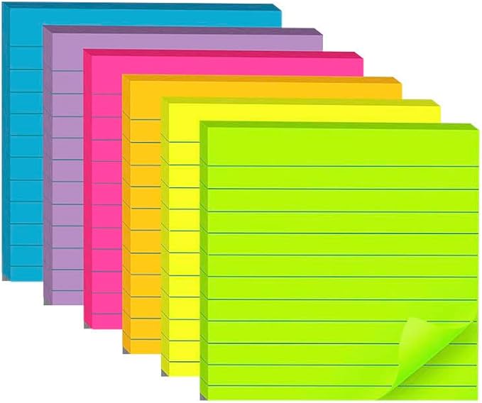 (6 Pads) Lined Sticky Notes 4x4 in, 6 Bright Colors Self-Stick Note Pads, Strong Adhesive, 47 Sheets/Pad